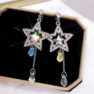 Crystal Long Chain Earrings Star Round Tassel Dangle Earring for Woman